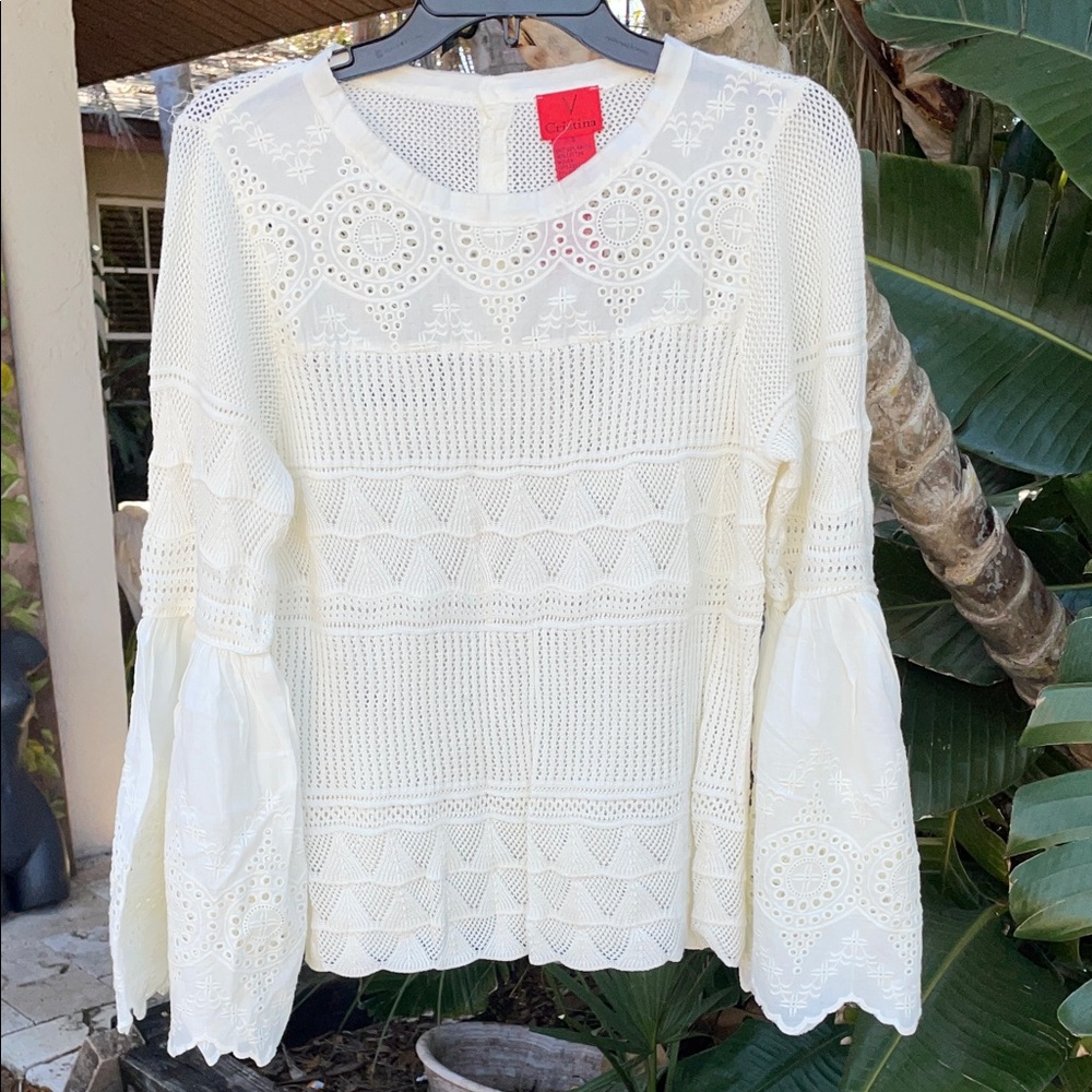 lace and eyelet bell sleeve top